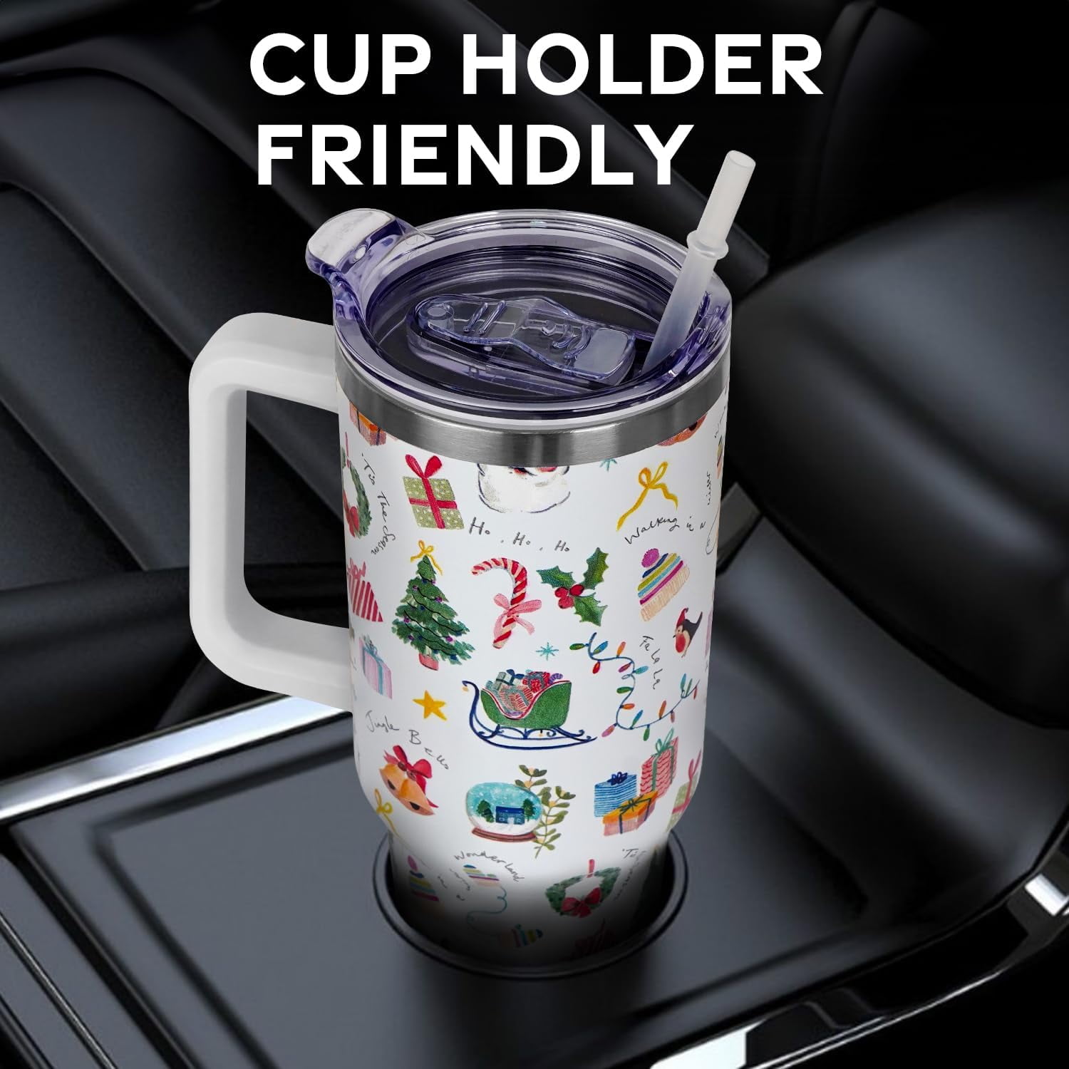 Christmas Gifts 40 oz Tumbler with Handle and Straw Lid,Cute Gifts for Women Snow Globe Xmas Tree Lights Vacuum Insulated Leak Proof Tumbler,Winter Holiday Accessories Stainless Steel Coffee Cup Mug