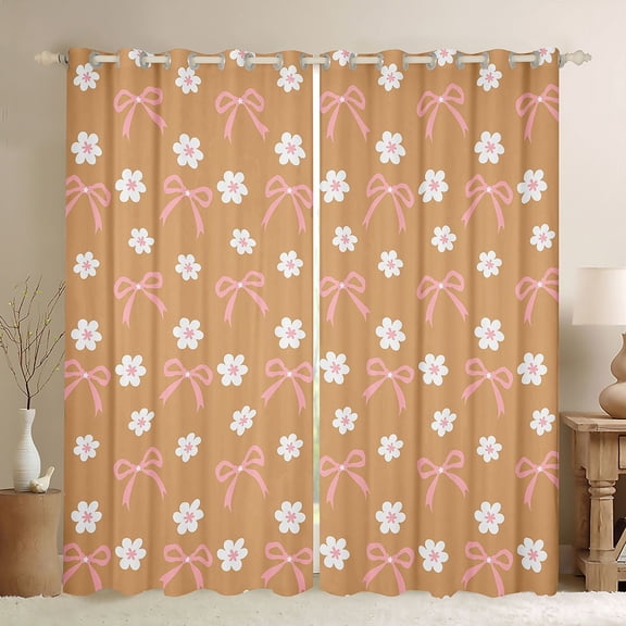 Erosebridal Cute Bowknot Daisy Black Out Curtains,Cartoon Flowers Blossom Curtains Pack of 2 (42x63 Each) For Girls Kids,Orange White Pink