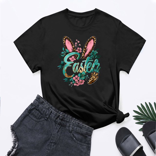 UPPADA Femmes Heureux Easter T-Shirt Bunny Lapin Graphique T-Shirt Manche Courte Drôle Lettres Imprimées Chemises Manche Courte Col Rond Tuniques Hauts Noir,G