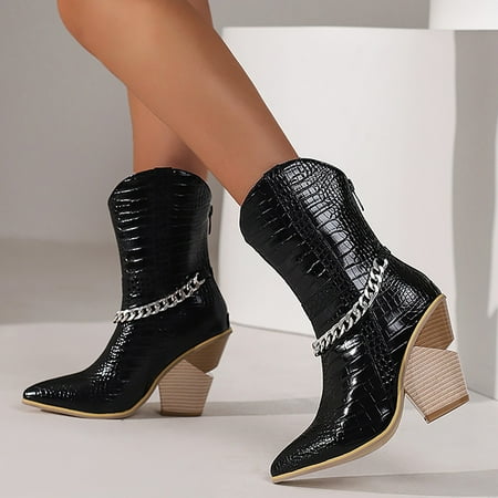 

Hunpta Boots For Women Cowboy Boots Comfortable Retro Pointed Toe Chunky Heel Western Cow Girl Mid Calf Boots
