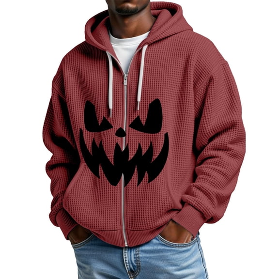 CONROSES Halloween Mens Knit Hoodies Pumpkin Face Graphic Long Sleeve Zip Up Waffle Pullover Hoodie for Men Fall Winter Hooded Sweatshirts with Pocket