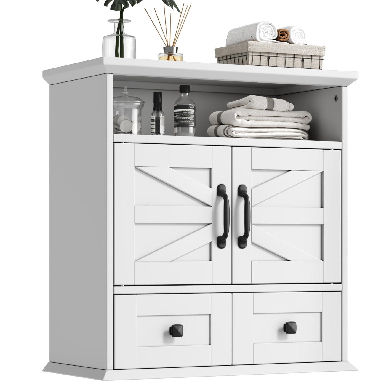 NEGYLIM Wall Mounted Bathroom Cabinet with Barn Door, 2 Drawers and Adjustable Shelves, over Toilet Storage Cabinet for Bathroom Laundry Room, White