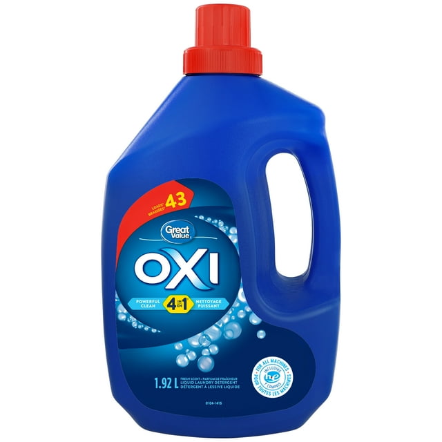 Great Value OXI powerful clean liquid laundry detergent in a blue 1.92L bottle with red cap, suitable for all machines