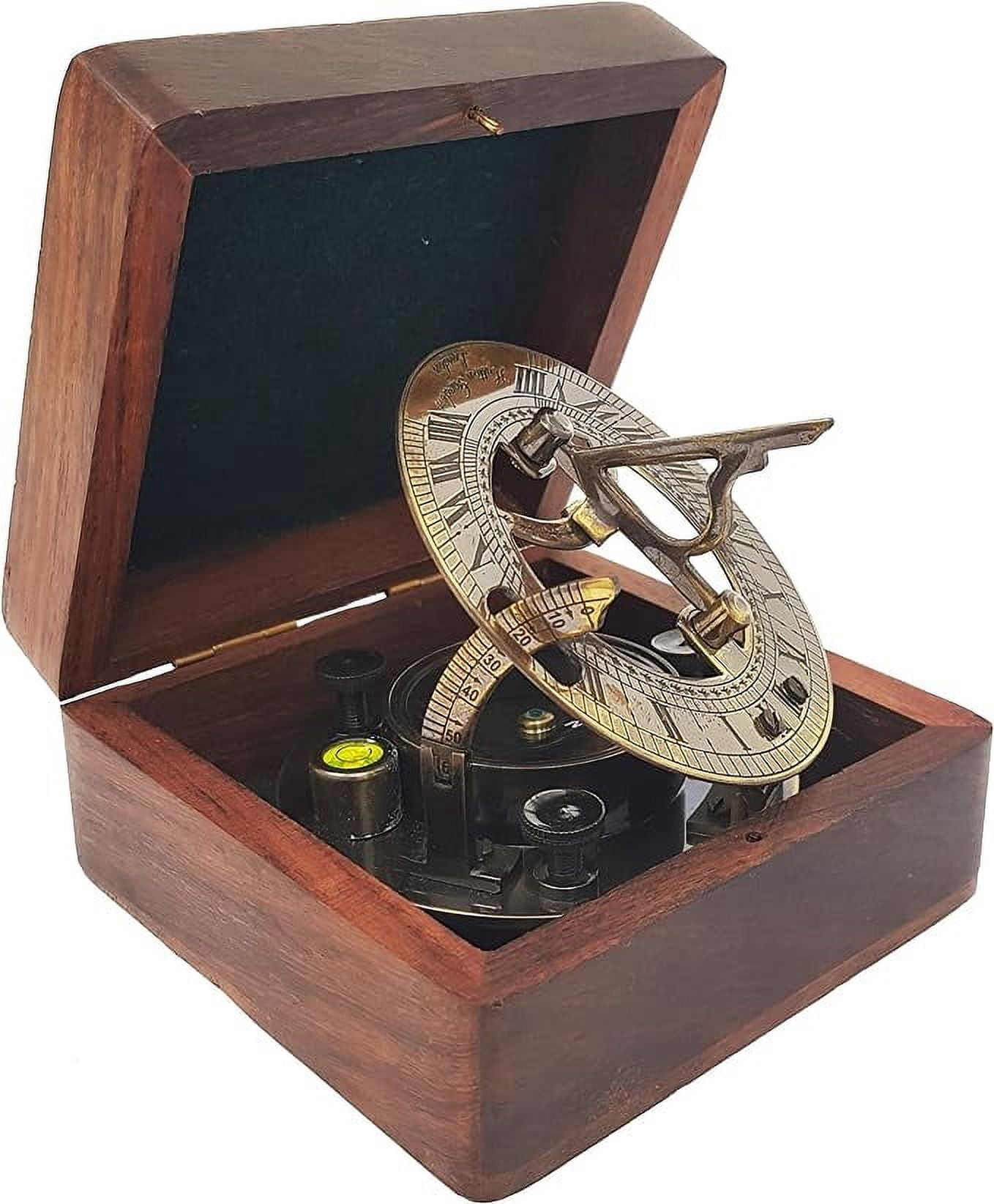 Indian Nautical Instruments Brass Compass - Antique Brass Sundial Compass Marine Boat Gift Pocket Sun Dial in Box Nautical Marine Gift Sun Clock Pirate Ship Replica Watch