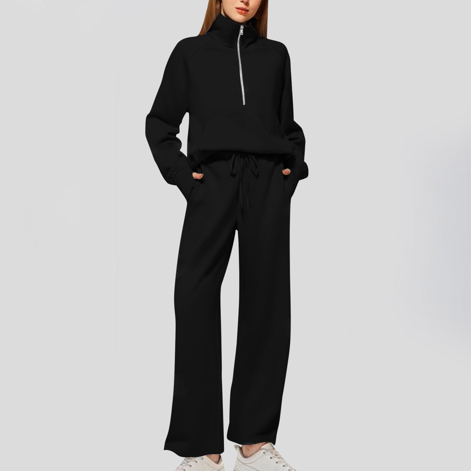2 Piece Sets Linen Pants Set for Women Women's Solid Color Casual Zipper Long Sleeved Pants Wide Leg Set Get it Fast