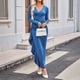 thumbnail image 5 of Vestido de Noche para Mujer, Moda 2025, con Escote en V, Larga, Abertura, Color Liso Azul Marino L, 5 of 10