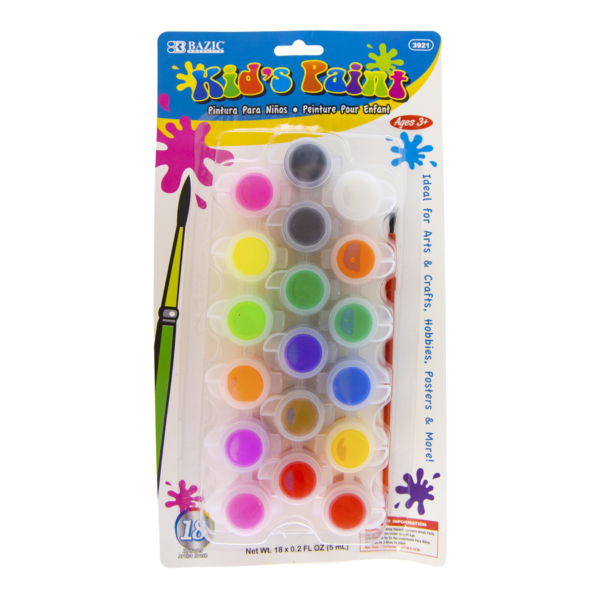 BAZIC Kid's Paint w/ Brush 60 ml, 18 Colors Non-Toxic Paint Set, 1-Pack ...