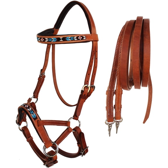 Horse Western Padded Leather Beaded Bitless Sidepull Bridle Reins 77RT07TN-F