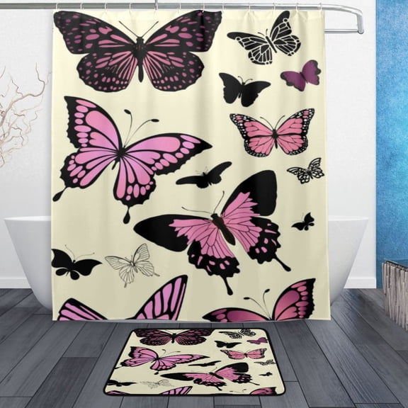 TTYFWHD 60" x 72" Shower Curtain and Bath Mat Set Retro Pink Butterfly Art Waterproof Bathroom Curtain with 12 Hooks, Bathroom Decor Set