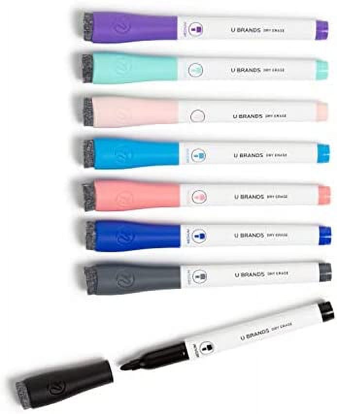 U Brands Medium Point Dry Erase Markers, Office Supplies, Assorted Pastel Colors, with Eraser Cap, 8 Count
