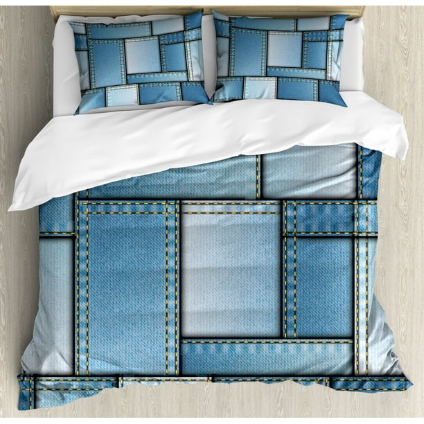 Country Duvet Cover Set King Size Patchwork Of Diffe Blue Toned Shapes Pattern With Vertical Warp Beam Artprint Decorative 3 Piece Bedding 2 Pillow Shams By Ambesonne Pillow Shams Blue By Ambesonne, King Size Country Bedding Sets