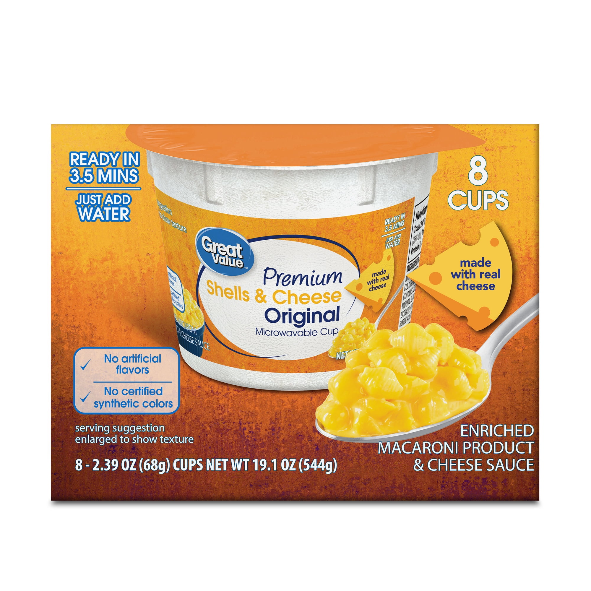Great Value Original Premium Shells & Cheese Microwavable Cups, 8 Count Shelf Stable