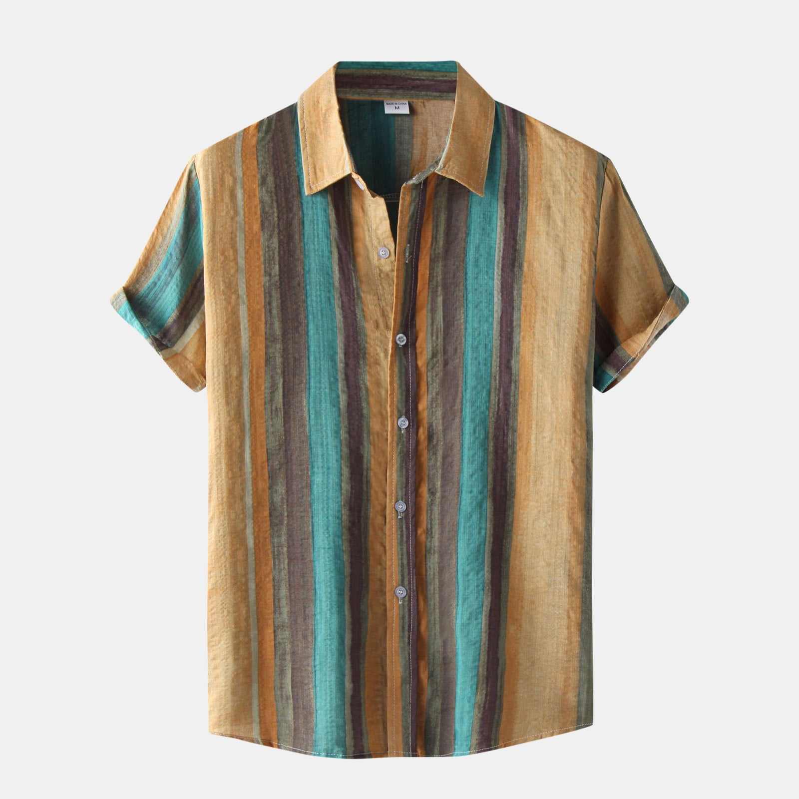 MRULIC mens shirts Short Button Shirt Collar Men's Casual Stripe Sleeve ...