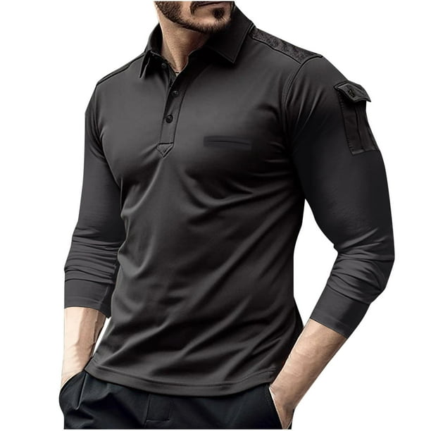 pstuiky camisa de manga larga para hombre, Camisa de manga larga de color liso para hombre con bolsillos en los brazos y solapa. camisetas de hombre xxl
