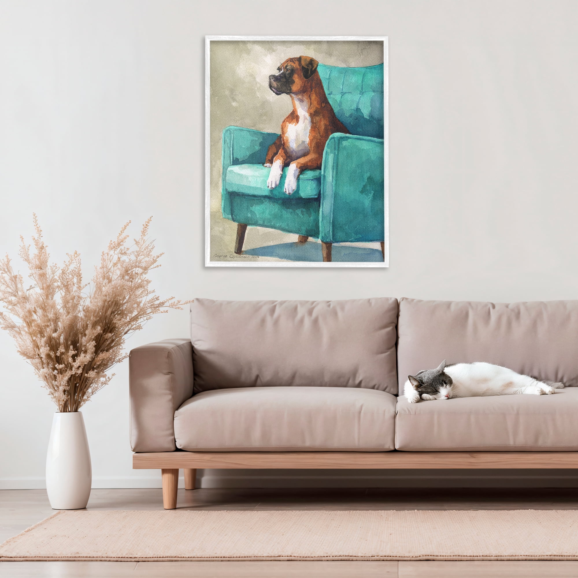 Stupell Industries Majesty Boxer on Armchair White Framed Giclee Art, design by George Dyachenko