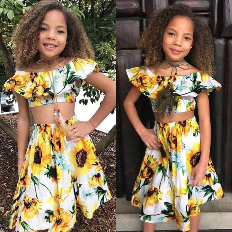 2pcs Newborn Baby Kids Girl Sunflower Top Sundress+Bottoms Outfit Set Clothes 