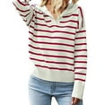 thumbnail image 3 of Prolriy Chandails pour Femmes Chandail Uni Décontracté Cardigan à Revers Rayé Chandails Femmes Hauts Rouges, 3 of 5