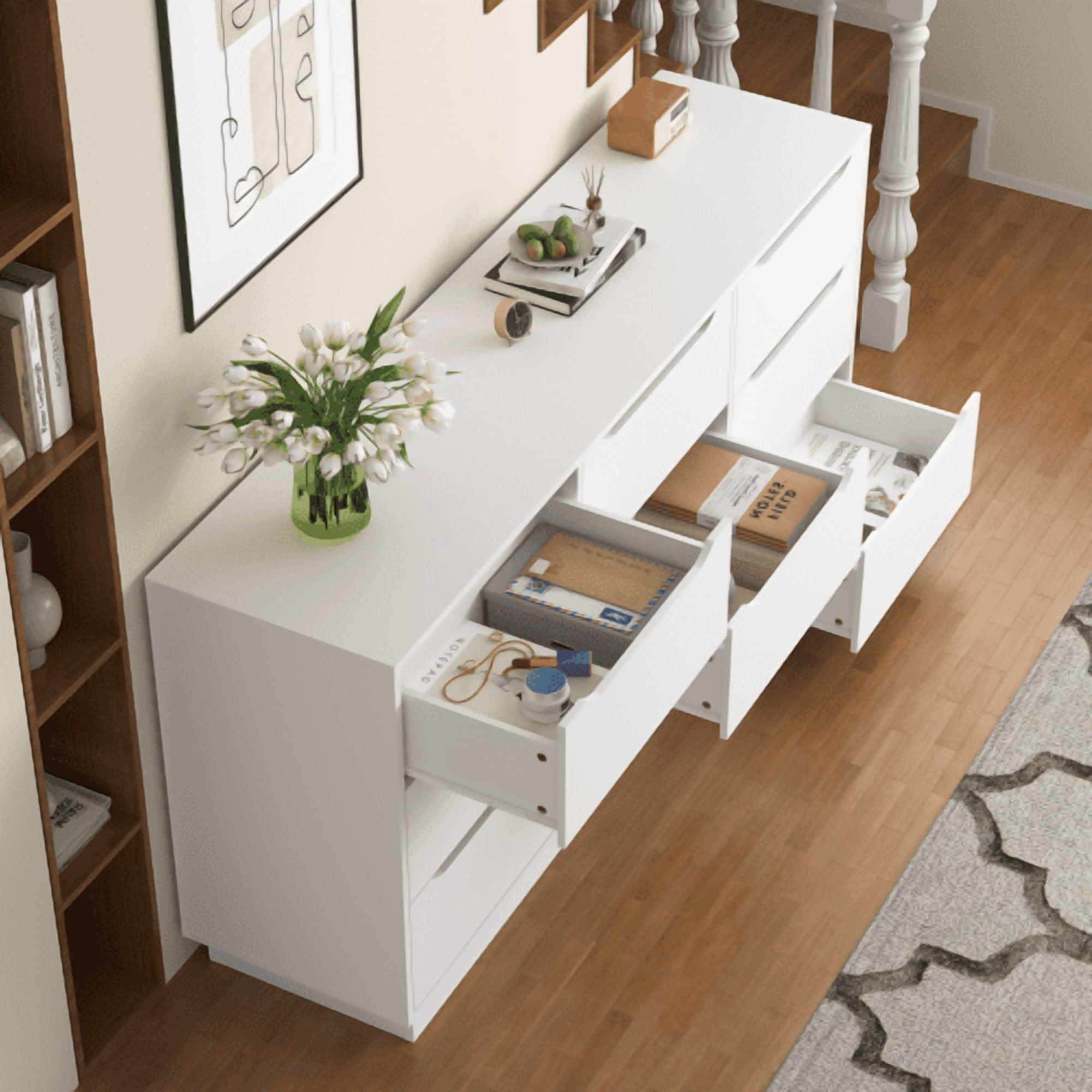 9 Drawer Dresser for Bedroom with Deep Drawers, Large Wood Chest of Drawers, Modern Long Floor Storage Dresser for Closet Living Room Hallway, Sturdy Organizer Tower, White