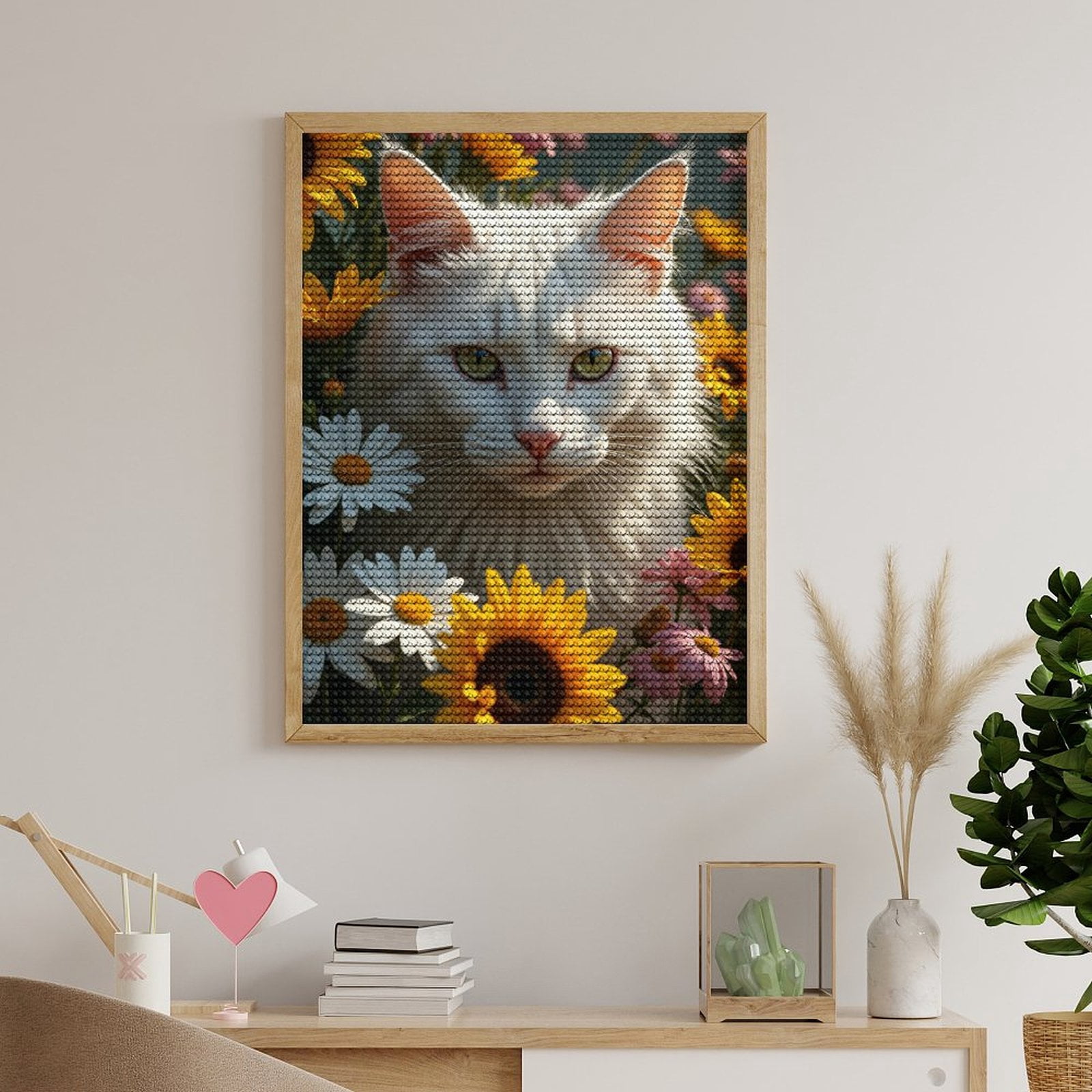 Diamond Art Kits for Adults, Cat Among Colorful Flowers 5D Diamond Painting Kits for Adults Beginners, DIY Full Drill Diamond Painting, Gem Art and Crafts 12x16