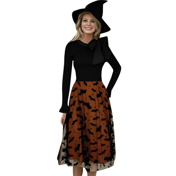 CHICWISH Women's Pumpkin Tulle Tutu Skirt Velvet Bats Elastic Waist Halloween Party Layered Mesh Midi Skirt