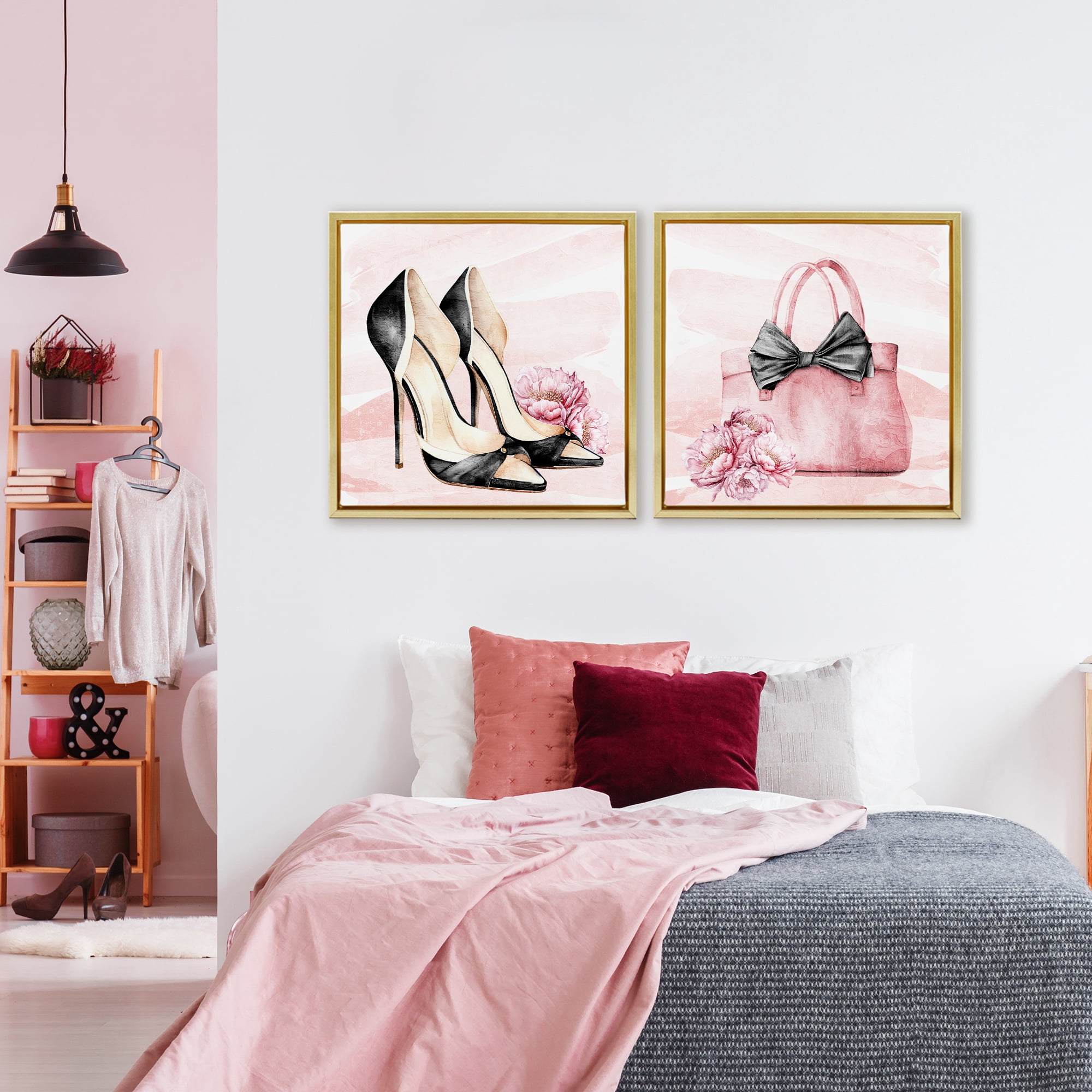 Stupell Industries Rosy Glam Time Shoes 2 Piece Gold Framed Floater Canvas Set, design by Kim Allen