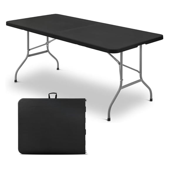 6ft Folding Table with Carry Handle, Portable Heavy Duty Plastic Utility Table with Steel Legs for Party, Wedding, Camping, Indoor, Outdoor Event, 72 Inch, Black