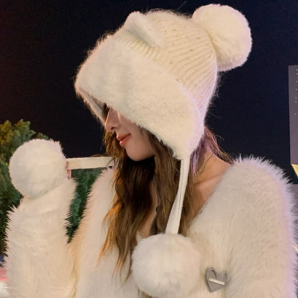 Zhengup Hat Women's Winter Knitted Versatile Plush Thickened Cycling Women's Winter Riding Ear Protection Bears Warm Woolen Hat Women