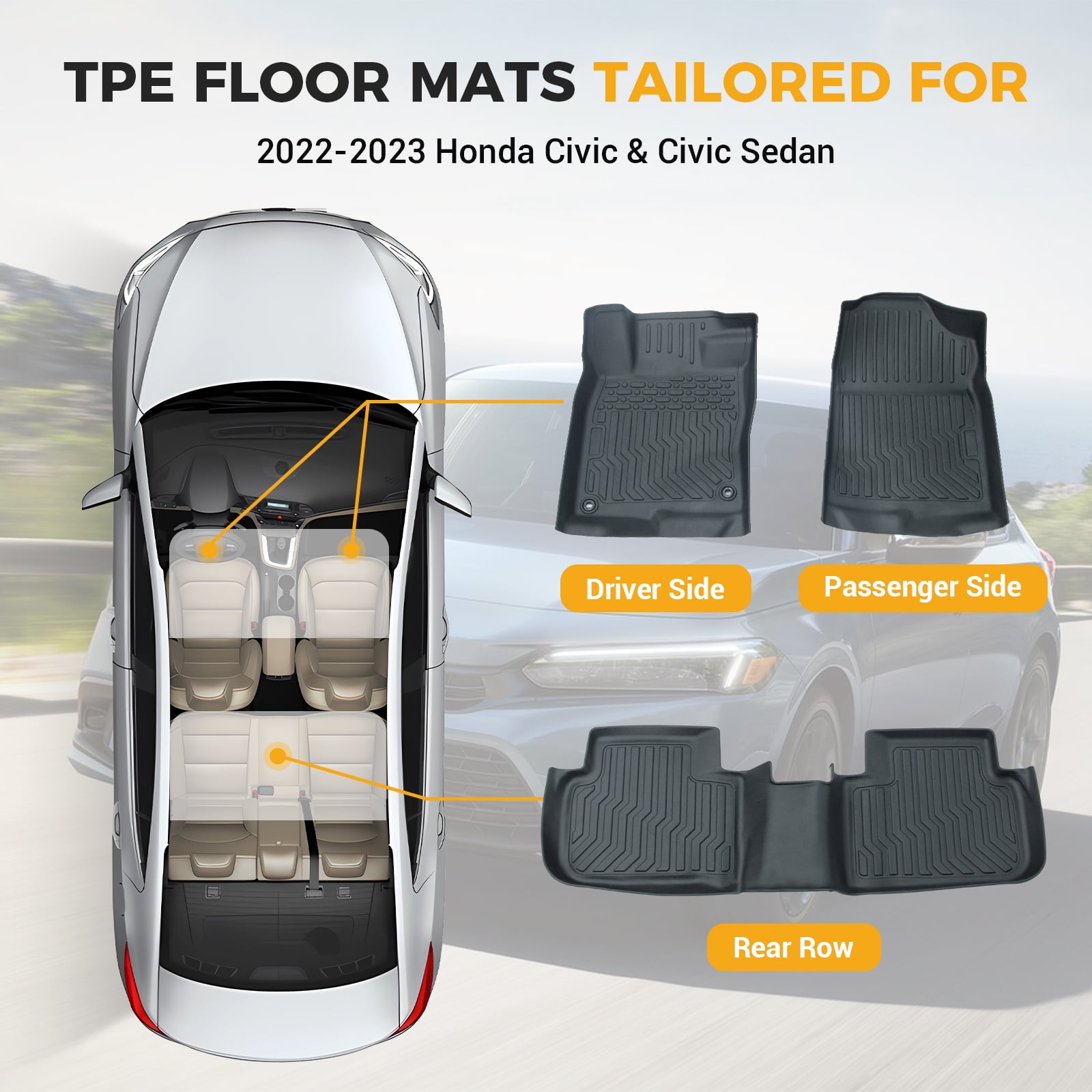 All-Weather Car Floor , Heavy Duty Rubber Liners, Front and Second Set of 3, Black-Car Floor Mats, All-Weather