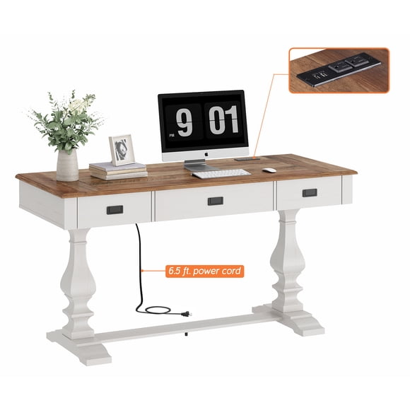 WAMPAT 59-inch Executive Desk with Charging Station, 3 Drawers, Farmhouse Office Desk for Home Study, Durable Wood Computer Table, White