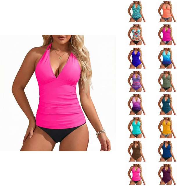 Womens Swimsuits Tankini Fashion Deep V Neck Slimming Tummy Control with High Waisted Bottom Two Piece Bathing Suits Woman