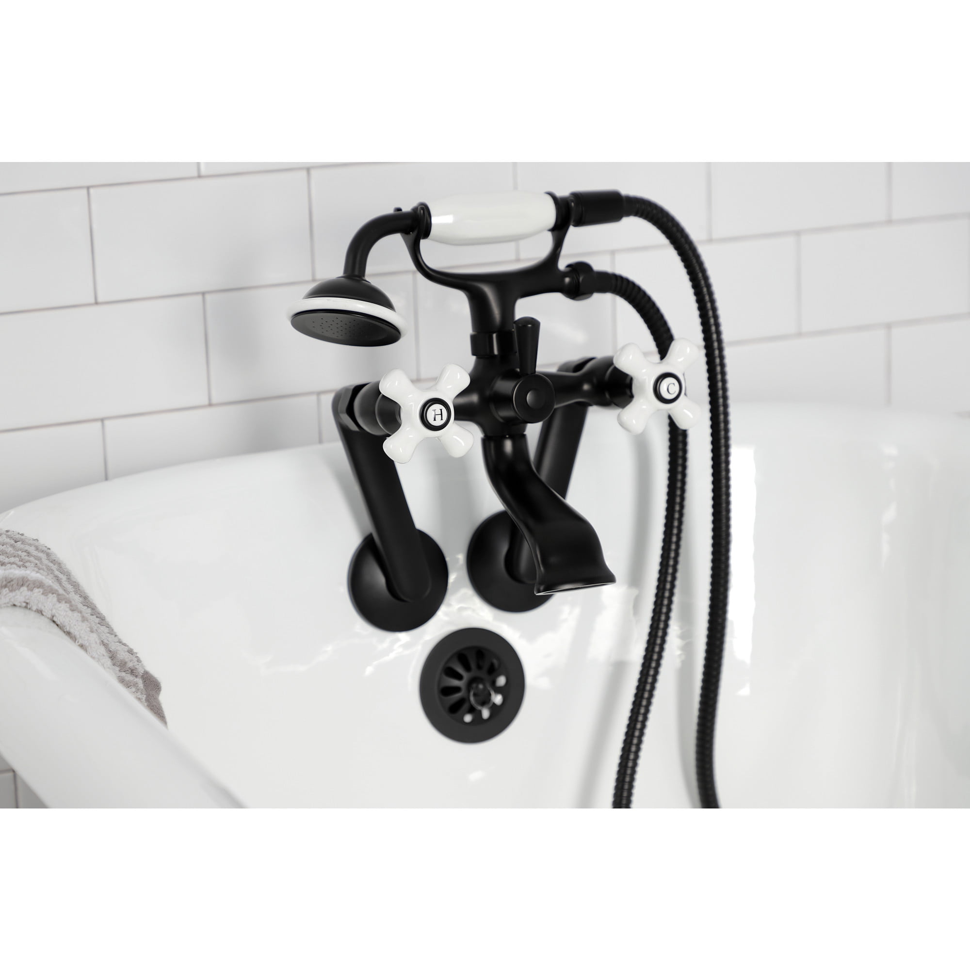 Kingston Brass KS269PXMB Kingston Three-Handle 2-Hole Tub Wall Mount Clawfoot Tub Faucet with Hand Shower in Matte Black