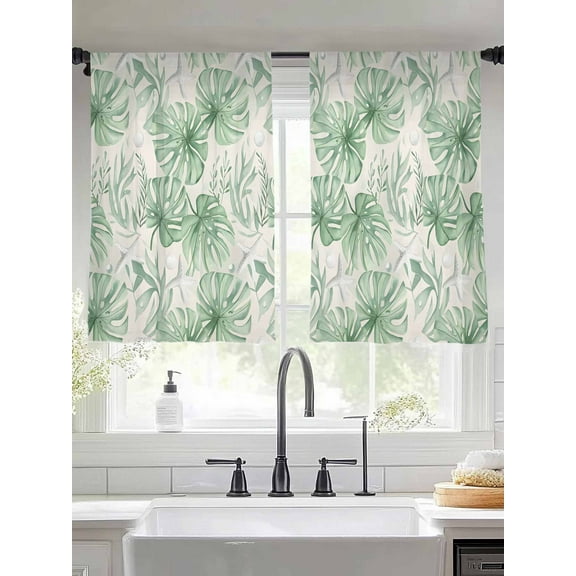 Summer Green Palm Leaf Sheer Curtains for Living Room Bedroom Tropical Plants Botanical Starfish Sheer Curtains 45 Inch Long 2 Panels Set Light Filtering Curtain Window Treatments Drapes