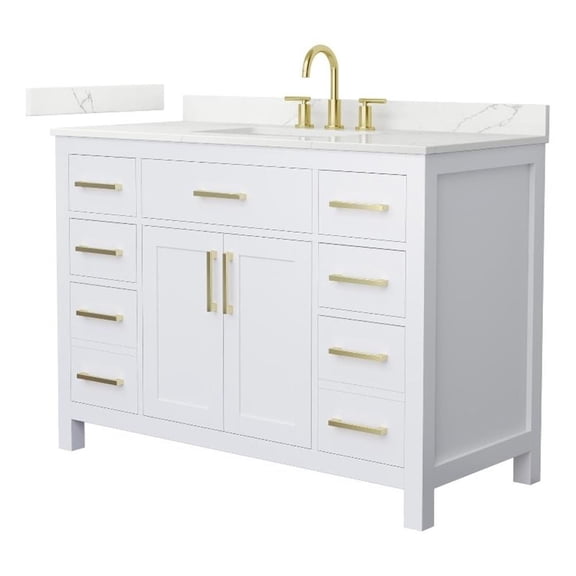 Beckett 48" White Single Vanity & Giotto Quartz Top (3-Hole) & Gold Trim