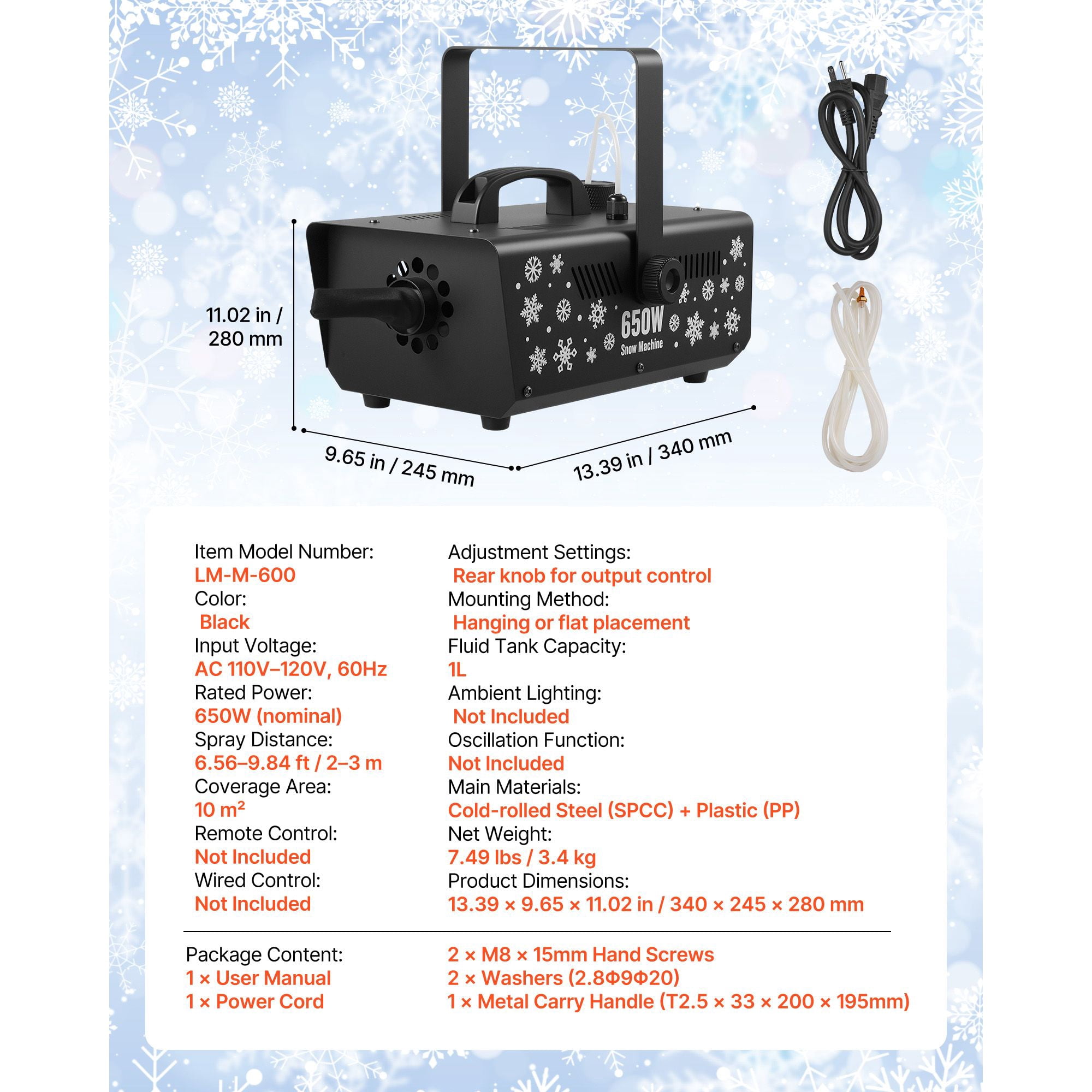 Snow Machine, 650W Handheld Hanging Fake Snow Maker, Snowmaking Machine with Portable Handle, Outdoor & Indoor Artificial Snowflake Maker for DJ Stage Parties Christmas Decor