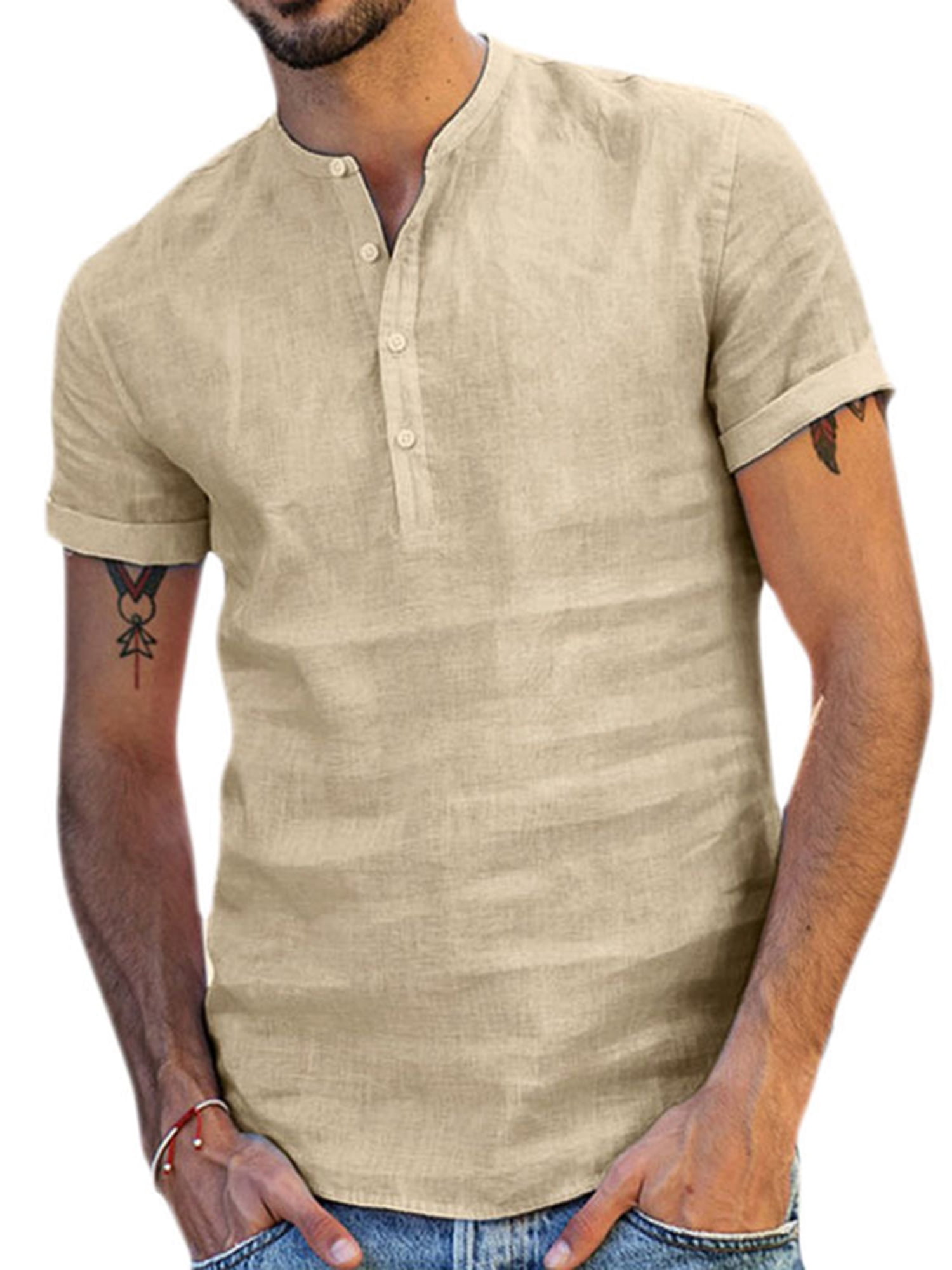 Domple Men Summer Cotton Stripe Print Casual Plus Size Half Sleeve Dress Henley Shirts 