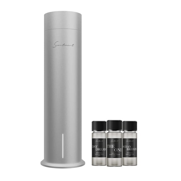 Scentiment Diffuser Tall Air 2 - Discovery Kit with Sampler Oils: Covers 1000 Sqft; Includes Top 3 Luxury Hotel-Inspired Fragrance Oils (20ml), Silver