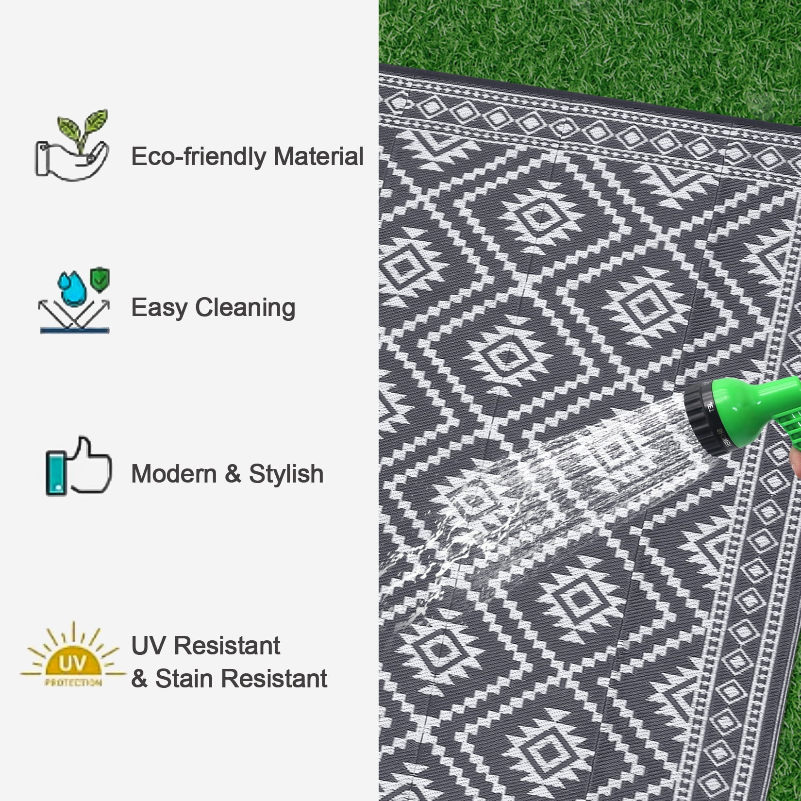 GlowSol 8x10 Outdoor Rug for Picnic Beach Deck-Outdoor Waterproof Patio Rug Indoor Outdoor Boho Geometric Area Rug Reversible Rug, Gray/White