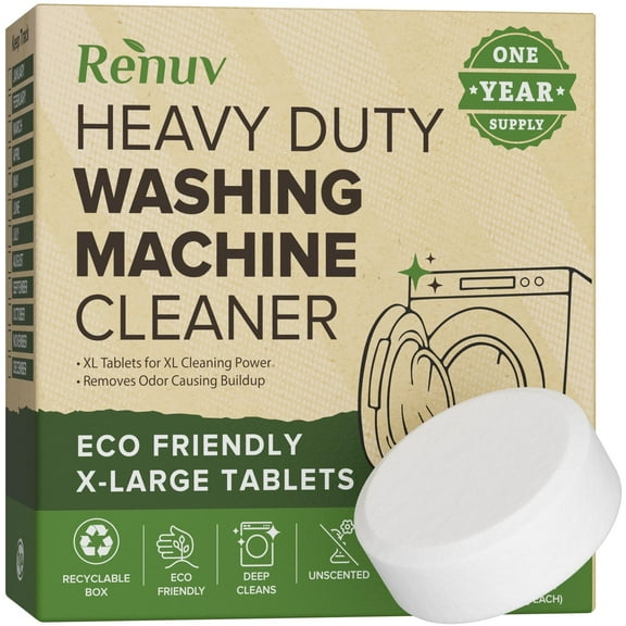 Renuv Heavy Duty Washing Machine Cleaner and Descaler - Deep Cleaning Tablets For Front Load or Top Load Washer (12 XL Tablets - One Year Supply)