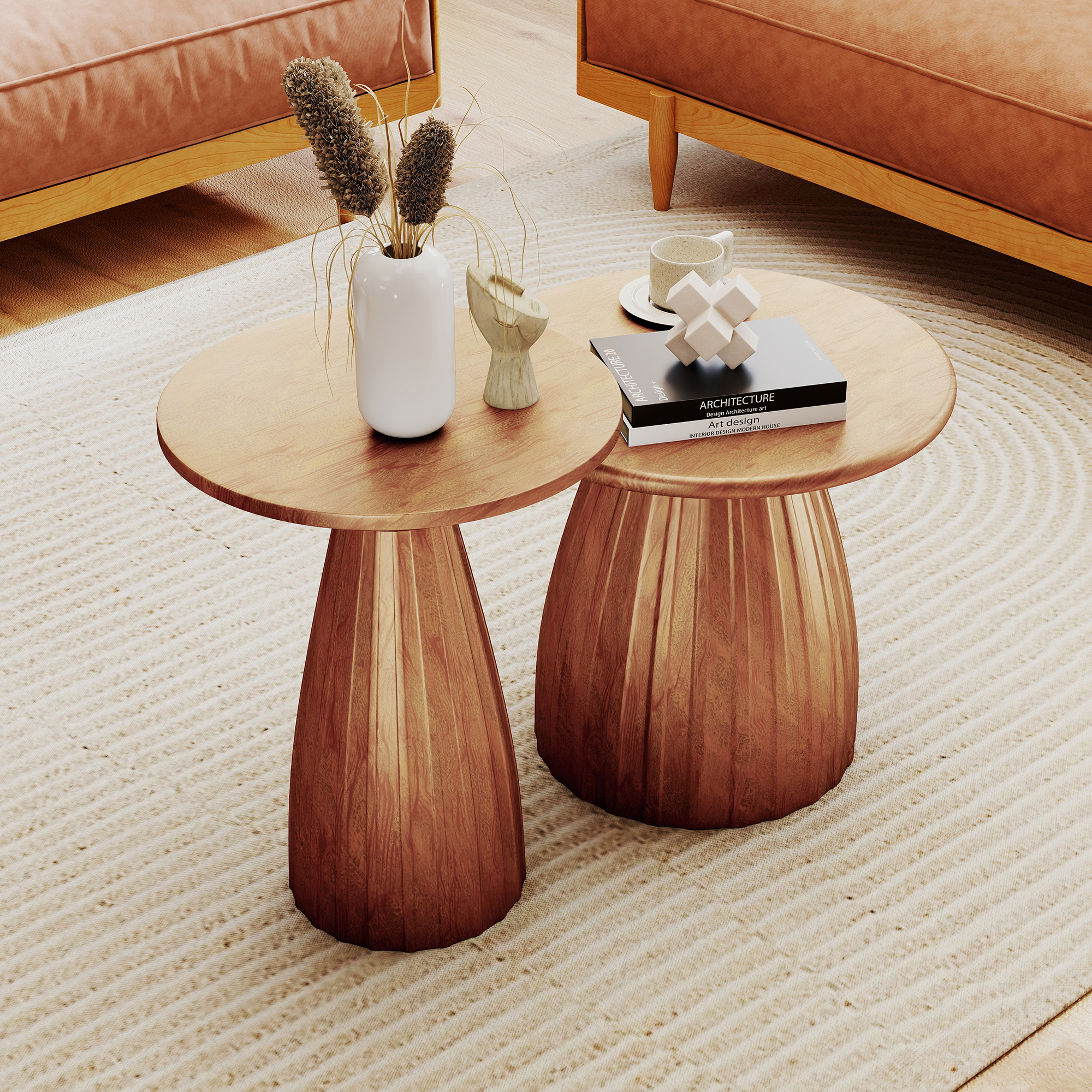 Outdoor Side Tables Set of 2, Small Round End Table, Weather Resistant Metal Steel Side Table for Patio Yard Balcony Garden Bedside, No Assembly, Brown