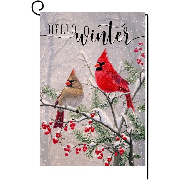 Shmbada Winter Cardinal Bird Garden Flag 12x18 Vertical Double Sided Farmhouse Trees Snow Christmas Holiday Outside Decorations Burlap Yard Flag