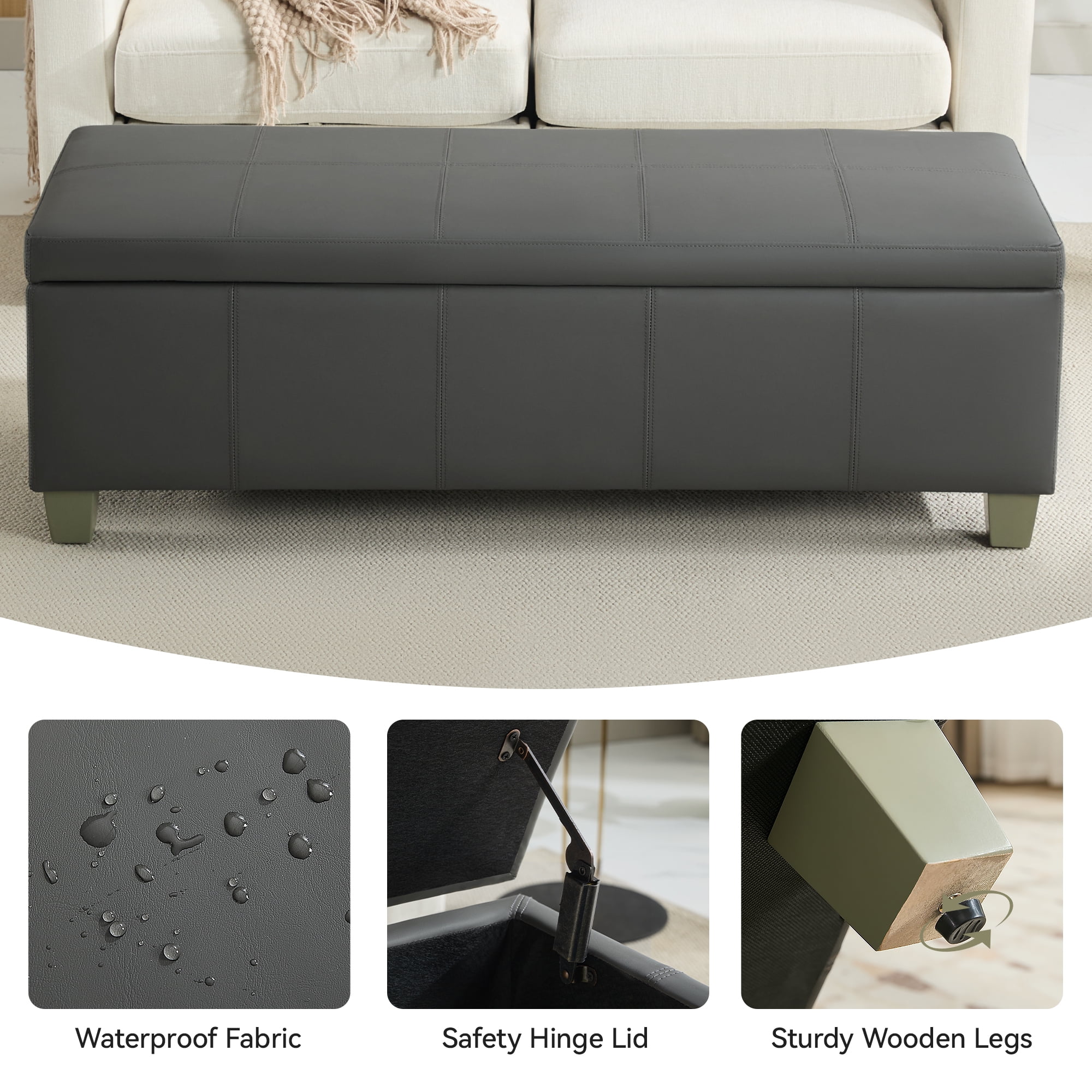 51" Faux Leather Storage Ottoman Bench with Wooden Legs, Tufted Upholstered Seat, Sturdy & Spacious for Bedroom, Entryway, Living Room, Dark Gray