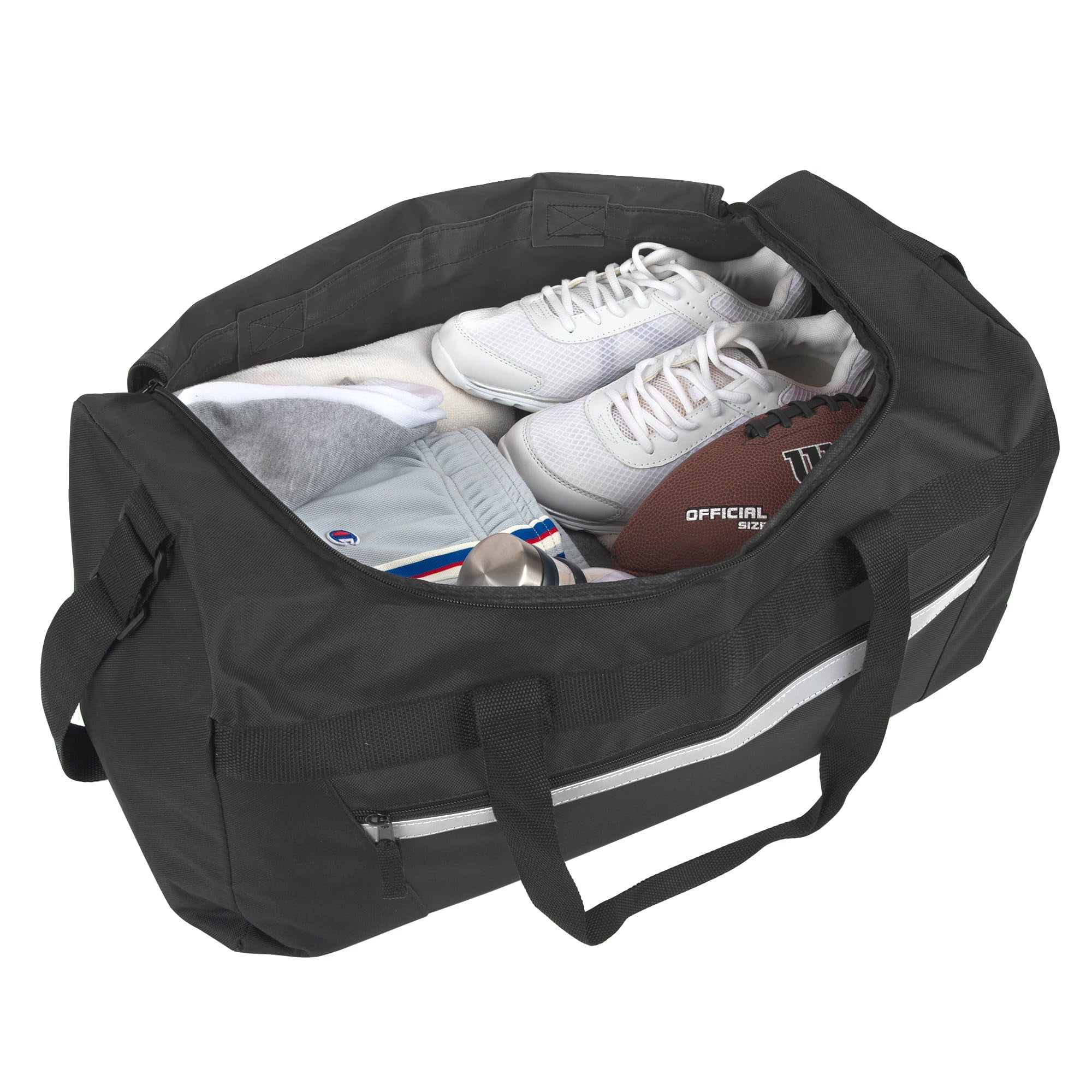 24 Pack of Bulk Wholesale 40 Liter 22 Inch Duffle Bags with Reflective Stripe, Front Accessory Pocket, Velcro Handles and Luggage Strap for Sports, Gym & Traveling in Black
