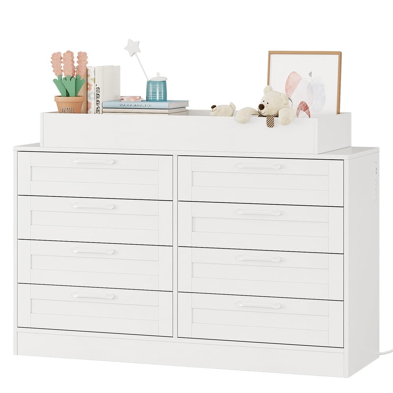TROPOW Table Dresser with 8 Wood Drawers, Classic Nursery Dresser, Changing Shelves, Multi-Functional Diaper Changing Station, Dresser for Bedroom