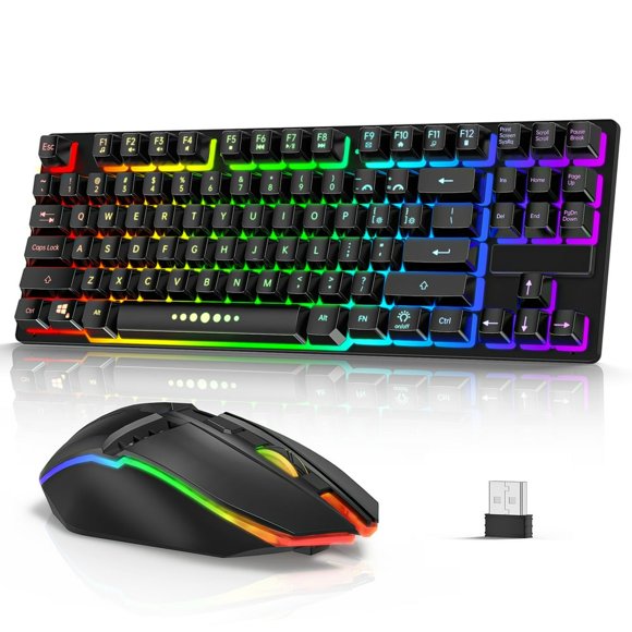 YOPTOP Wireless Keyboard and Mouse Combo  87 Keys Rechargeable Gaming Keyboard Mouse Set  Silent Ergonomic Anti-Ghosting Keyboard  W/ 2.4G USB Receiver  7 Color Backlit for Windows Desktop