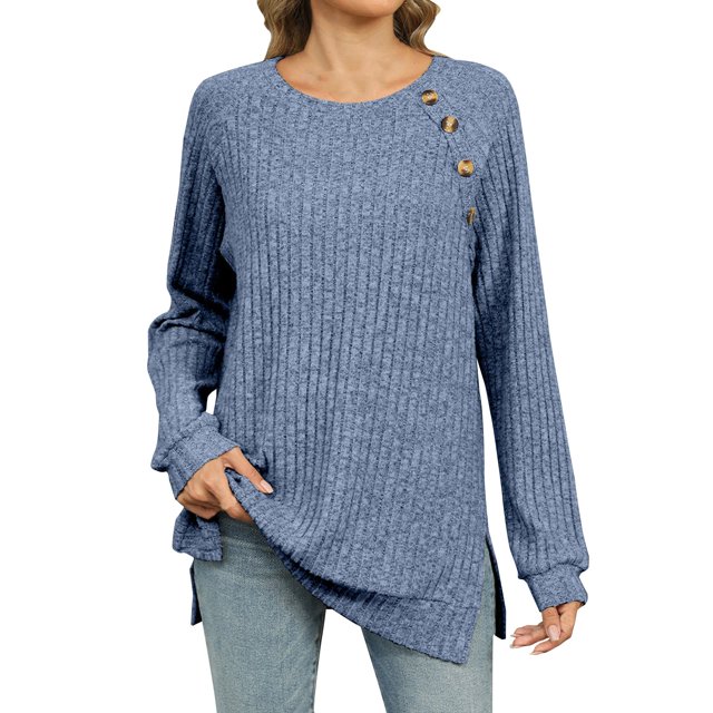 Yuyuzo Womens Tops Ribbed Knitted Crew Neck Long Sleeve Side Split Loose Casual Solid Color Fall Pullover Sweater Top