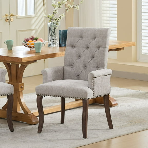 Upholstered Chenille Fabric Accent Dining Chair, Curved Solid Wood Legs, Tufted Club Arm Chair for Dining Room - Beige