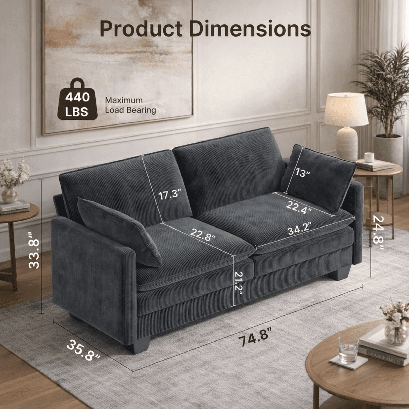 75" Corduroy Cloud Loveseat, Modern Oversized Sofa with Double Layer Cushions – Deep Seat Soft Fabric Couch for Living Room, Gray