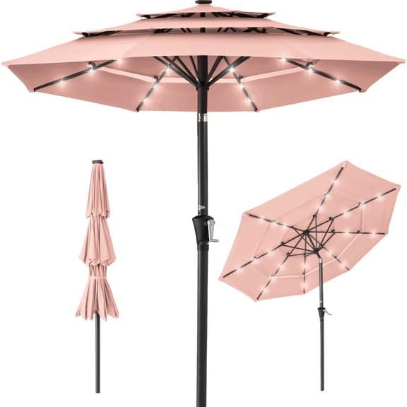Best Choice Products 10ft 3-Tier Solar Patio Umbrella w/ 24 LED Lights, Tilt Adjustment, Easy Crank - Rose Quartz