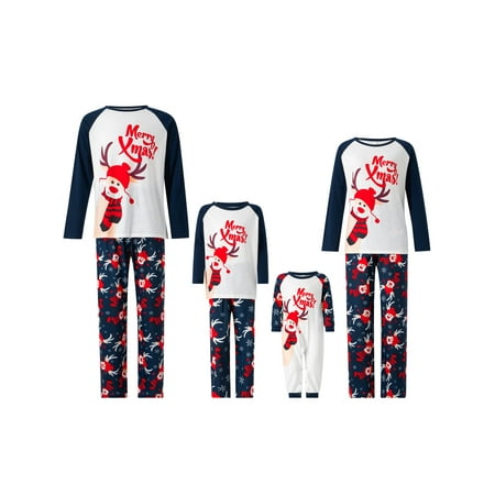 

CenturyX Christmas Pajamas for Family Letters Elk Print T-shirt Pants Xmas Holiday Sleepwear for Parent-Child Blue