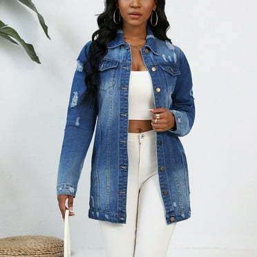 Denim Jacket for Women Lapel Button-Up Pockets Denim Jacket Solid Long Sleeve Casual Jacket Coat,Womens Coats Plus Size Dark Blue XXL